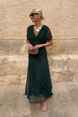 Women's Maxi Dress V-Neck Ruched Off Shoulder – Wedding Guest