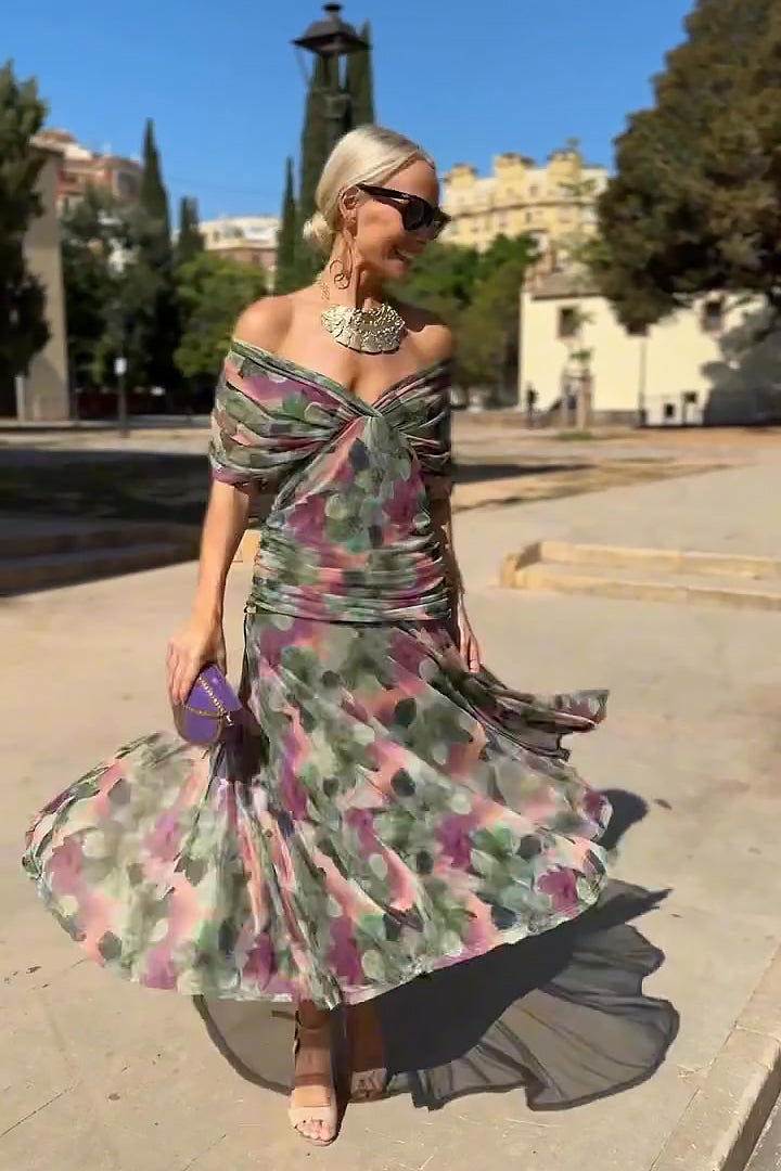 Women's Maxi Dress V-Neck Ruched Off Shoulder – Wedding Guest