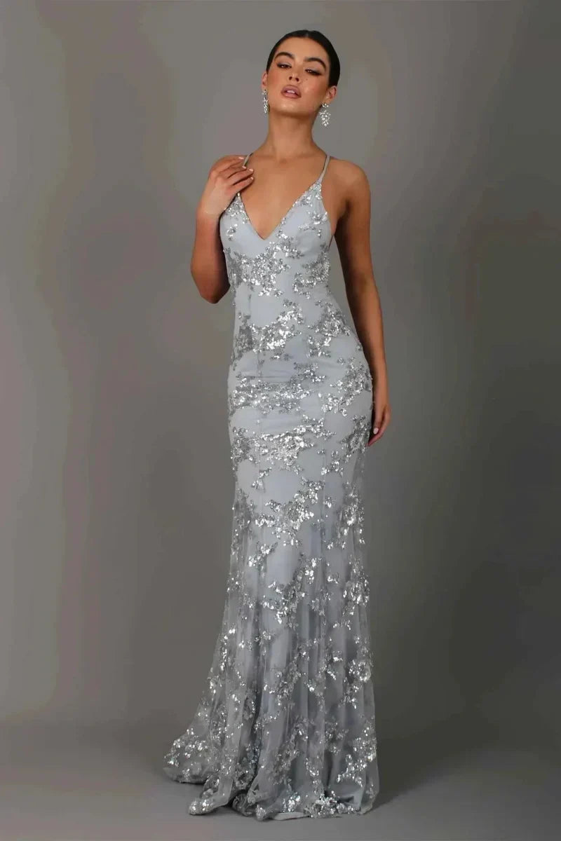 Women’s Maxi Dress V Neck Sequin Crisscross Back – Black Tie Affairs