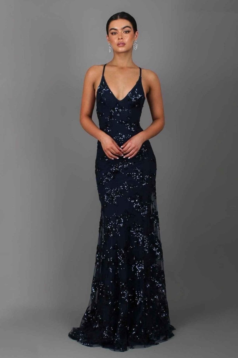 Women’s Maxi Dress V Neck Sequin Crisscross Back – Black Tie Affairs