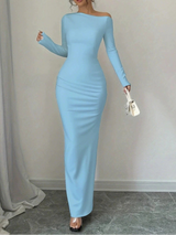 Women's Maxi Evening Cocktail Dress One Shoulder Long Sleeve – Formal Dinner