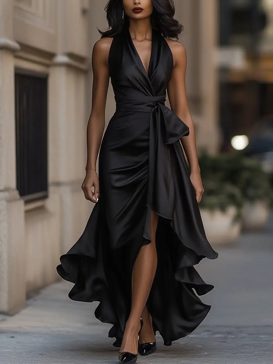Women's Maxi Evening Dress Halter Wrap V-Neck Ruffle Hem – Cocktail Party