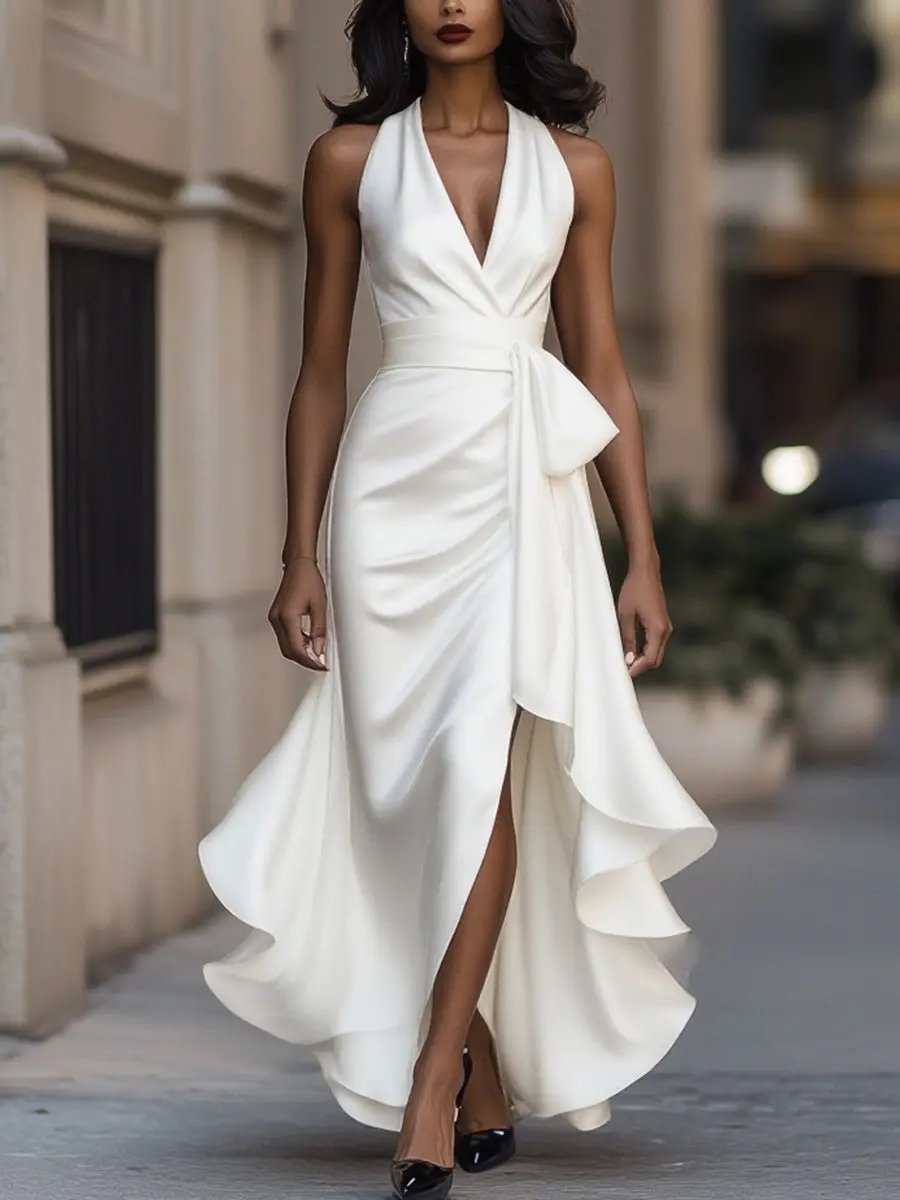 Women's Maxi Evening Dress Halter Wrap V-Neck Ruffle Hem – Cocktail Party