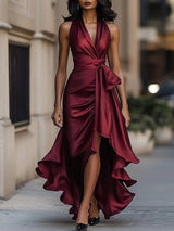 Women's Maxi Evening Dress Halter Wrap V-Neck Ruffle Hem – Cocktail Party