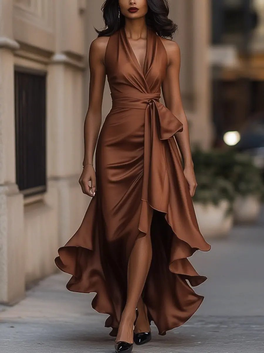 Women's Maxi Evening Dress Halter Wrap V-Neck Ruffle Hem – Cocktail Party