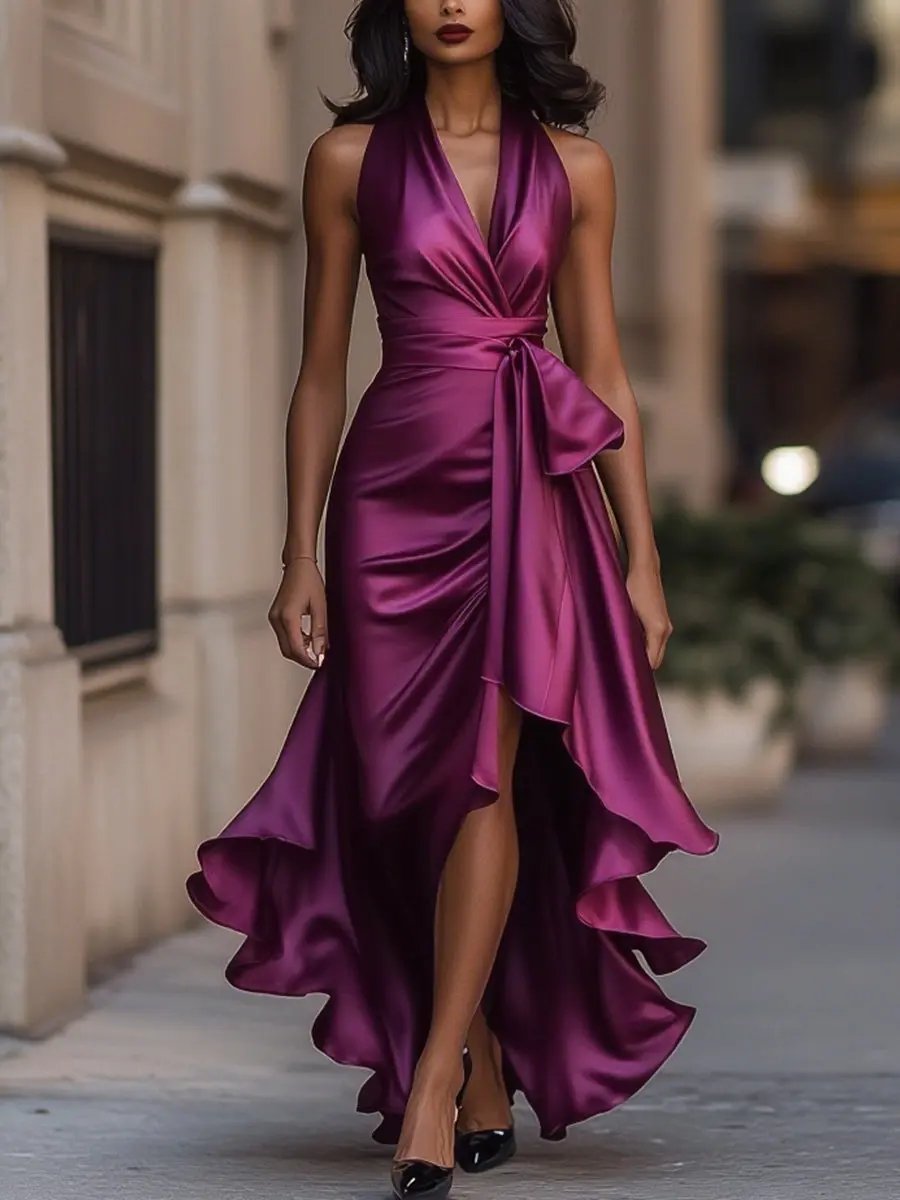 Women's Maxi Evening Dress Halter Wrap V-Neck Ruffle Hem – Cocktail Party
