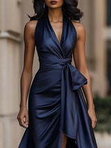Women's Maxi Evening Dress Halter Wrap V-Neck Ruffle Hem – Cocktail Party
