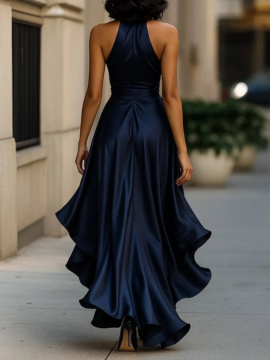 Women's Maxi Evening Dress Halter Wrap V-Neck Ruffle Hem – Cocktail Party