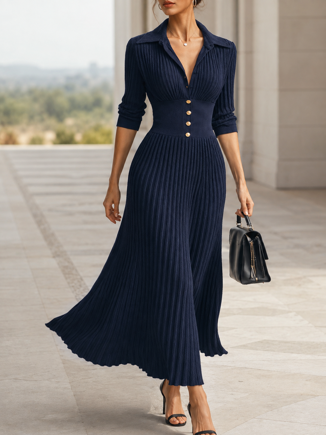 Women’s Maxi Knit Dress Collared V-Neck Ribbed Button Detail – Dinner Gatherings