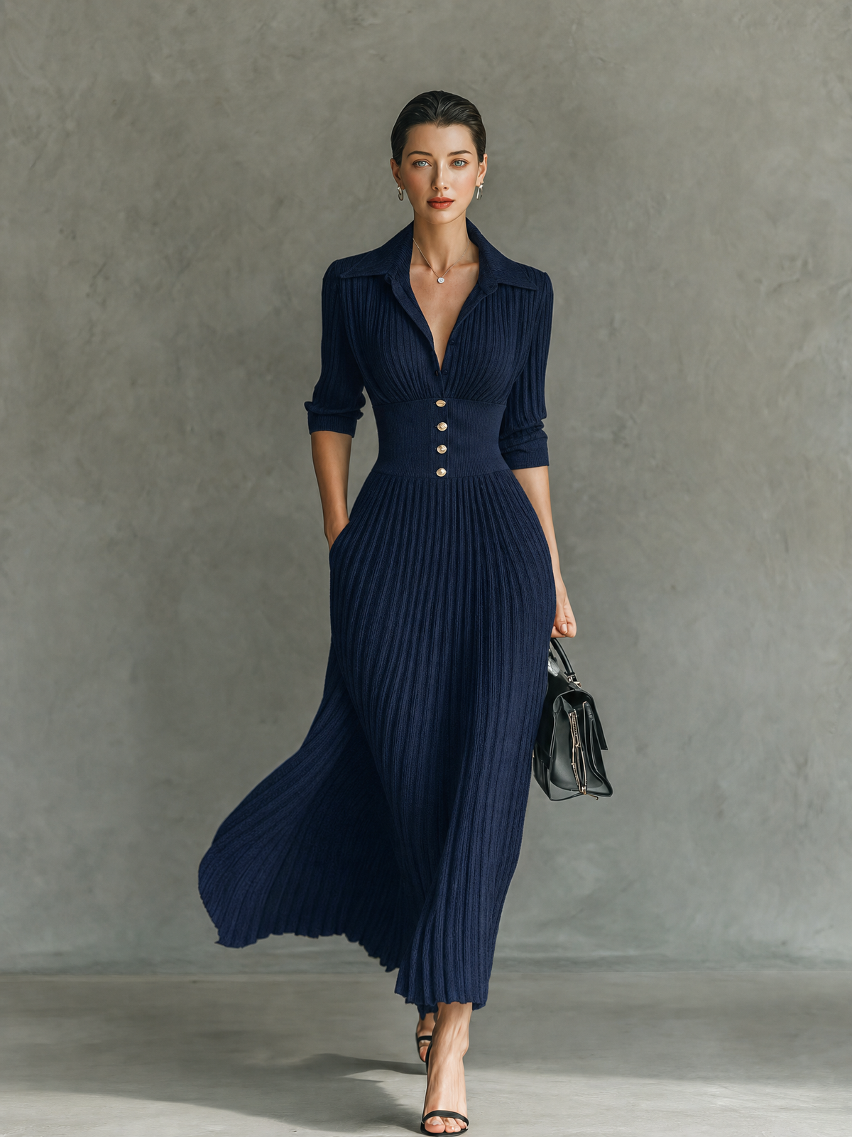 Women’s Maxi Knit Dress Collared V-Neck Ribbed Button Detail – Dinner Gatherings