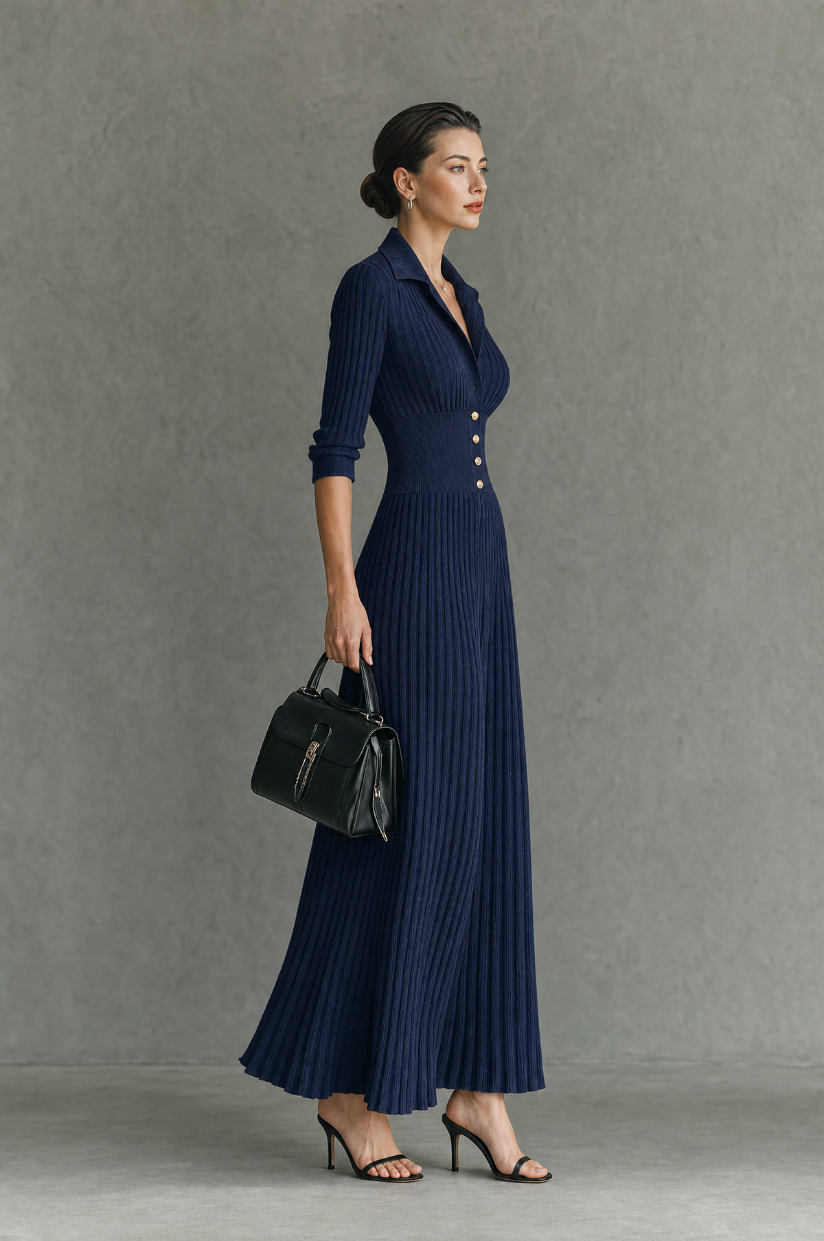 Women’s Maxi Knit Dress Collared V-Neck Ribbed Button Detail – Dinner Gatherings