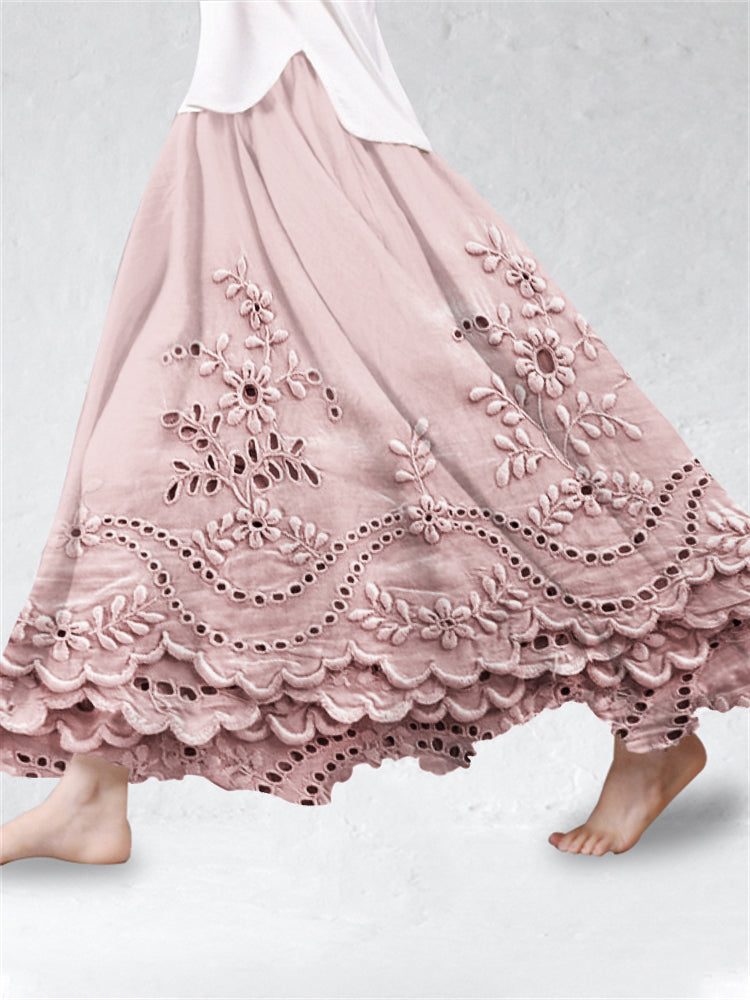 Women's Maxi Skirt Floral Eyelet Scalloped Hem – Resort Getaway Summer