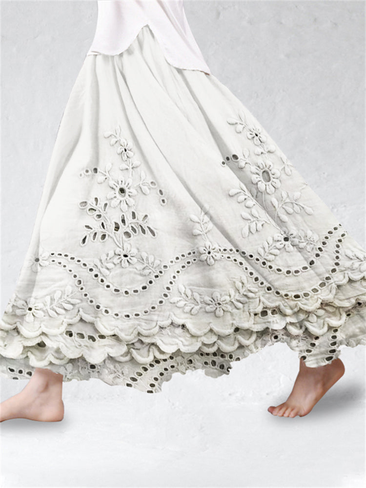 Women's Maxi Skirt Floral Eyelet Scalloped Hem – Resort Getaway Summer