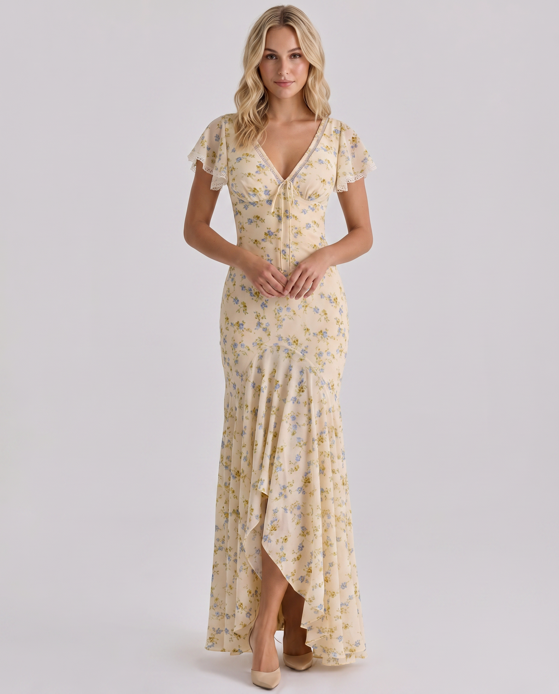 Women's Maxi Summer Dress Floral Mermaid V Neck Flutter Sleeve – Wedding Guest