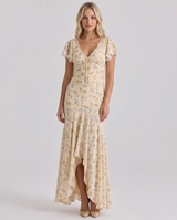 Women's Maxi Summer Dress Floral Mermaid V Neck Flutter Sleeve – Wedding Guest