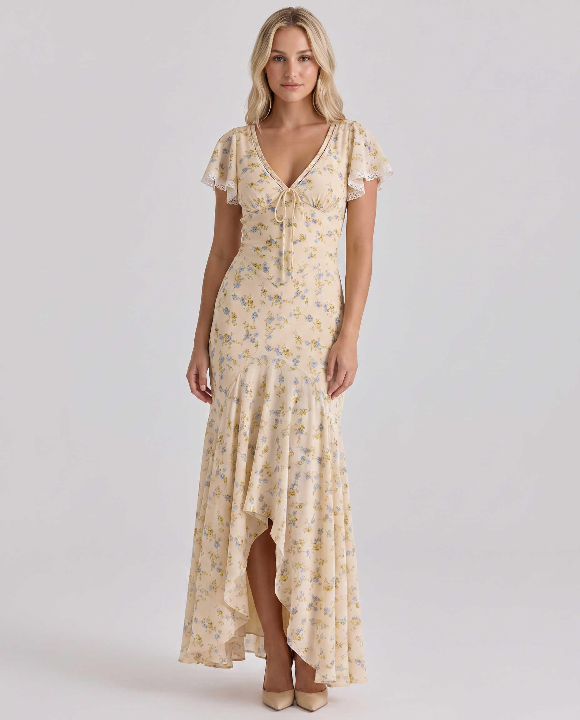 Women's Maxi Summer Dress Floral Mermaid V Neck Flutter Sleeve – Wedding Guest