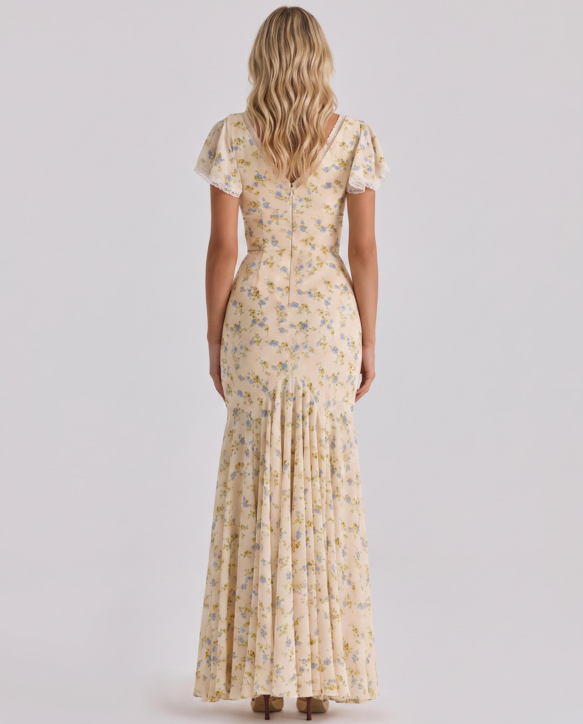 Women's Maxi Summer Dress Floral Mermaid V Neck Flutter Sleeve – Wedding Guest
