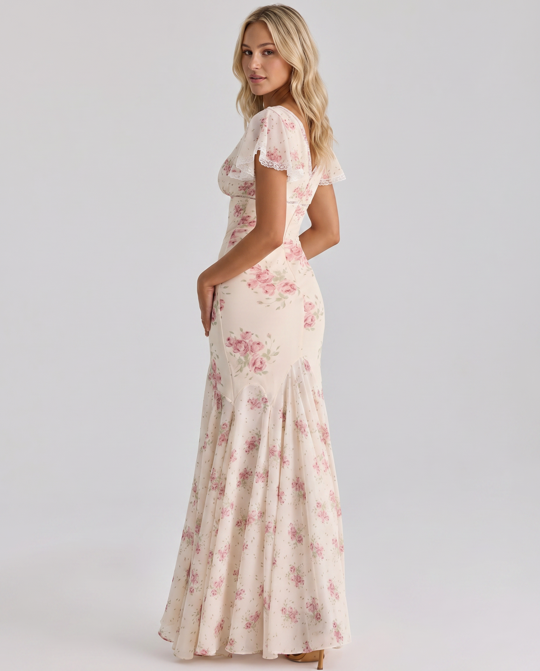 Women's Maxi Summer Dress Floral Mermaid V Neck Flutter Sleeve – Wedding Guest
