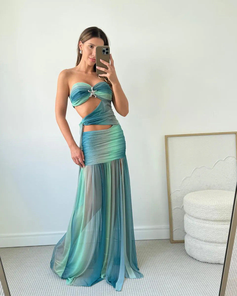 Women's Mesh Maxi Dress Strapless Cut-Out A-Line – Weddiing Guest