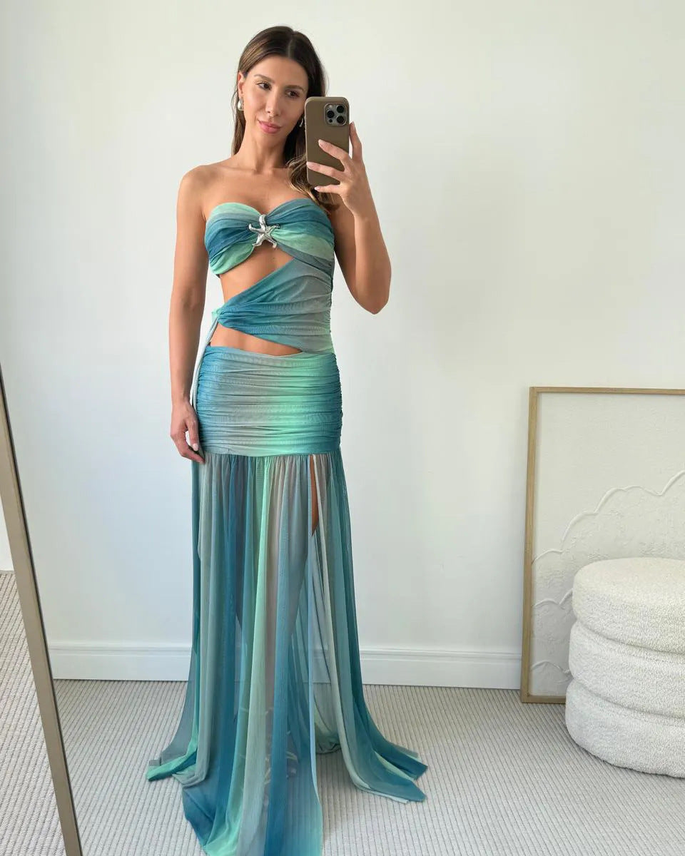 Women's Mesh Maxi Dress Strapless Cut-Out A-Line – Weddiing Guest