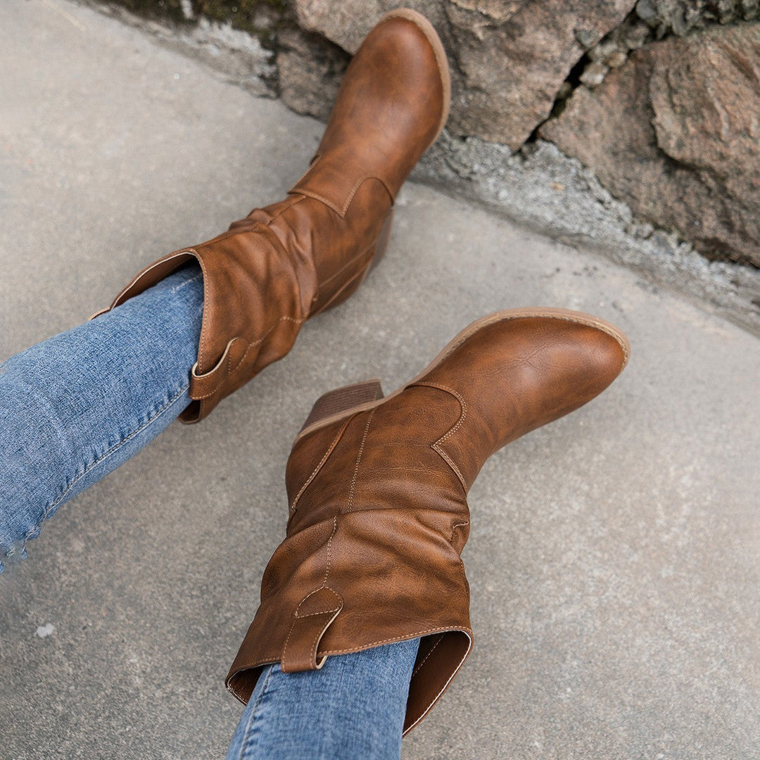 Women's Mid-Calf Boots Slouch Shaft Round Toe Block Heel – Weekend Market Trips