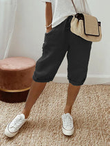 Women's Mid-Length Shorts Wide Leg Drawstring Rolled Cuff – Relaxed Summer Look