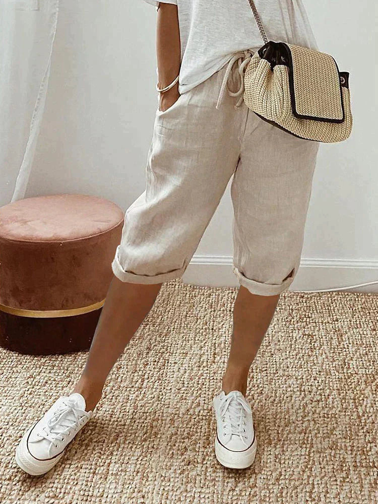 Women's Mid-Length Shorts Wide Leg Drawstring Rolled Cuff – Relaxed Summer Look