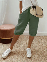 Women's Mid-Length Shorts Wide Leg Drawstring Rolled Cuff – Relaxed Summer Look