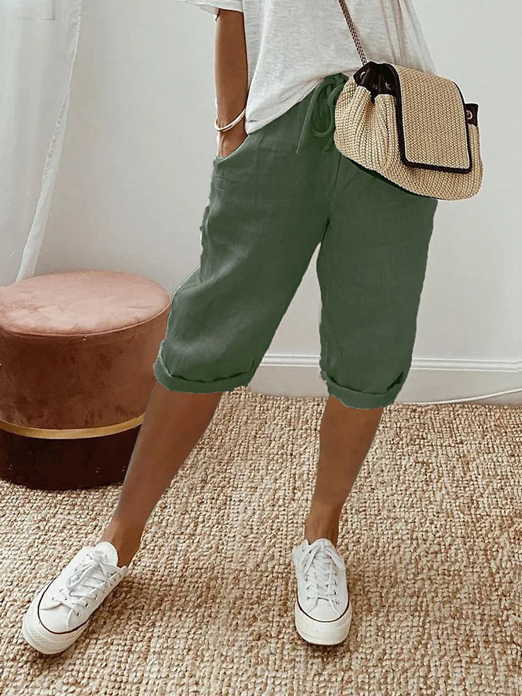 Women's Mid-Length Shorts Wide Leg Drawstring Rolled Cuff – Relaxed Summer Look