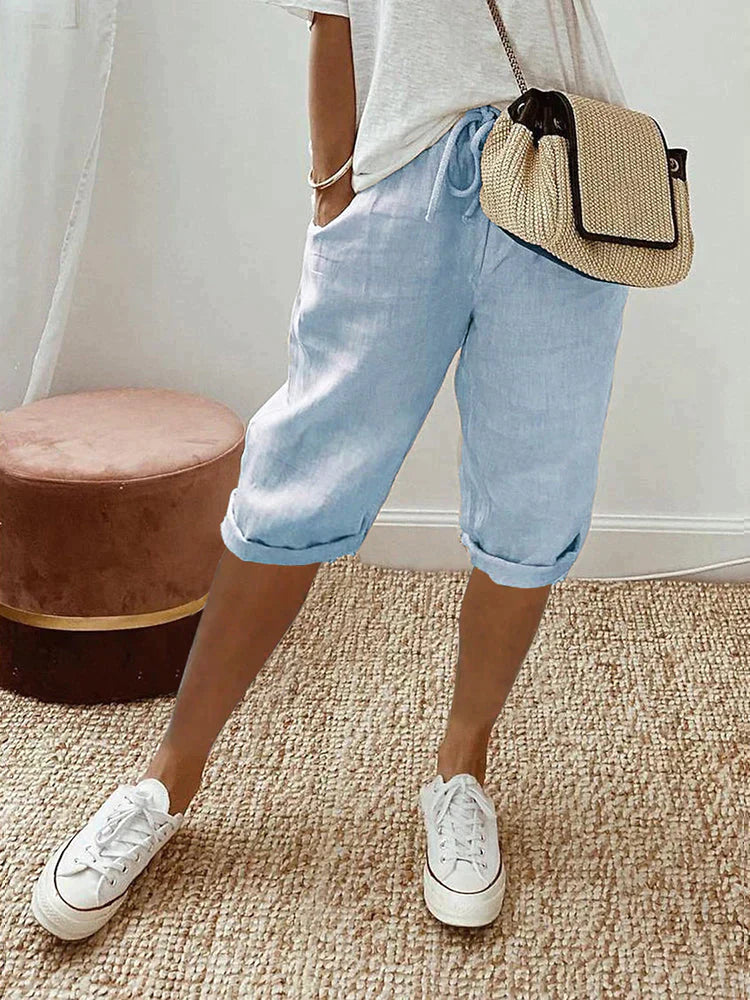 Women's Mid-Length Shorts Wide Leg Drawstring Rolled Cuff – Relaxed Summer Look