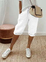 Women's Mid-Length Shorts Wide Leg Drawstring Rolled Cuff – Relaxed Summer Look