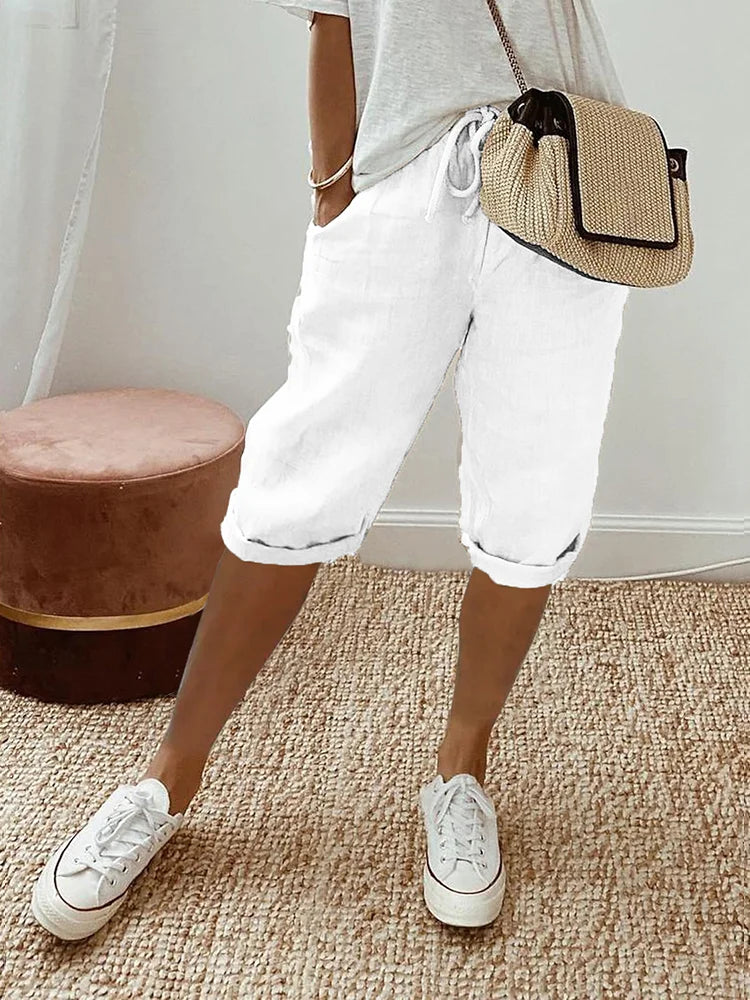 Women's Mid-Length Shorts Wide Leg Drawstring Rolled Cuff – Relaxed Summer Look