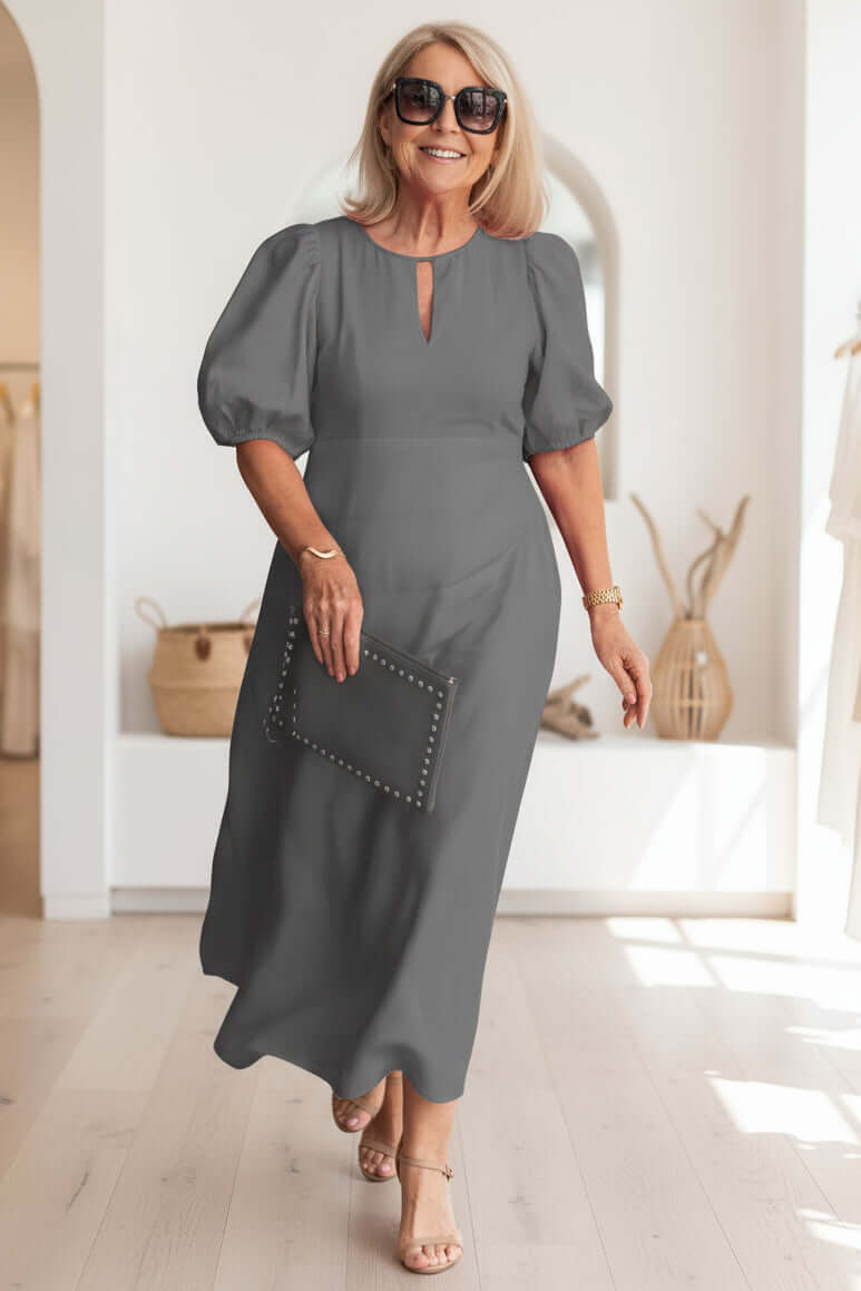 Women's Midi Dress A-Line Keyhole Neck Puff Sleeve – Bridal Shower