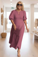 Women's Midi Dress A-Line Keyhole Neck Puff Sleeve – Bridal Shower