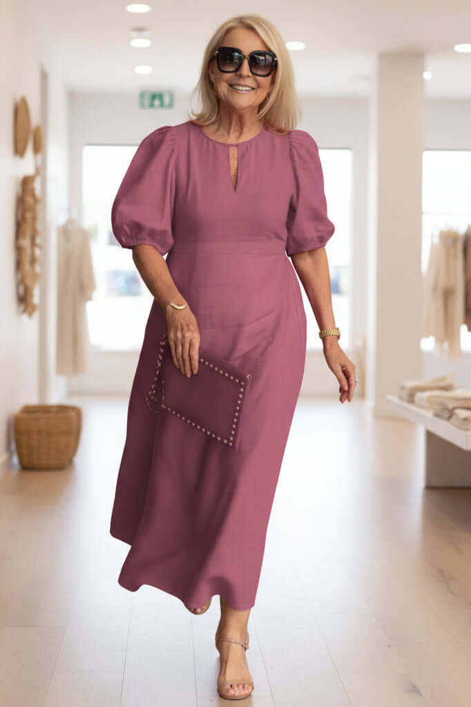 Women's Midi Dress A-Line Keyhole Neck Puff Sleeve – Bridal Shower