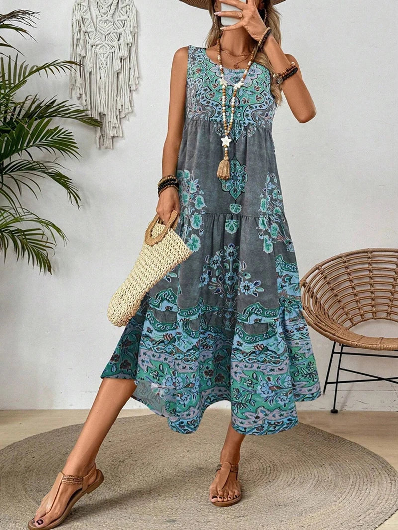 Women's Midi Dress Boho Paisley Sleeveless Tiered Hem – Summer Vacation