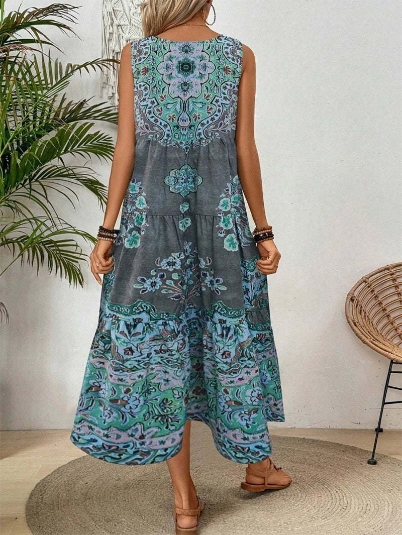 Women's Midi Dress Boho Paisley Sleeveless Tiered Hem – Summer Vacation
