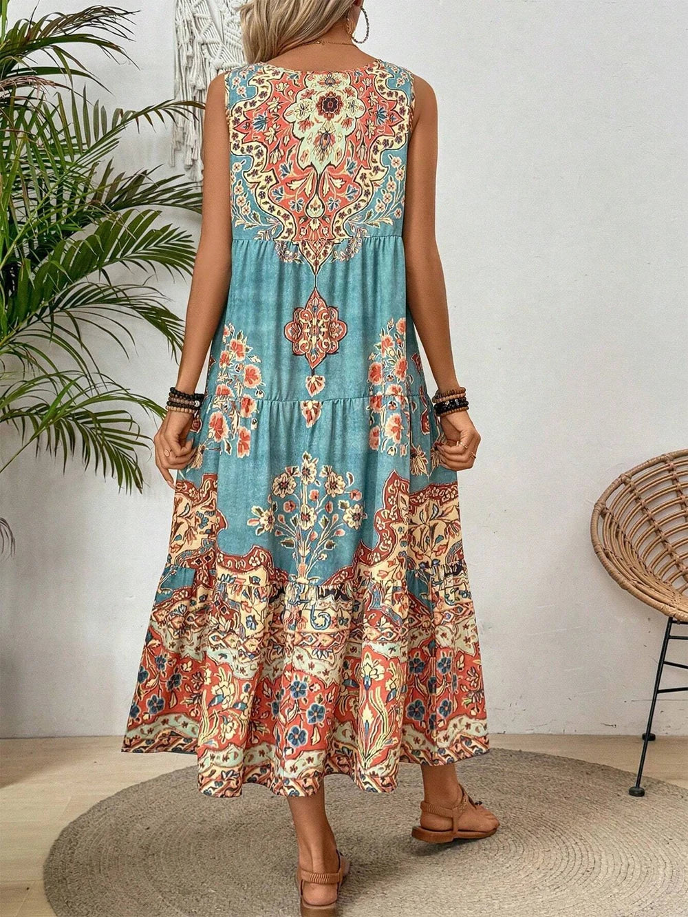 Women's Midi Dress Boho Paisley Sleeveless Tiered Hem – Summer Vacation