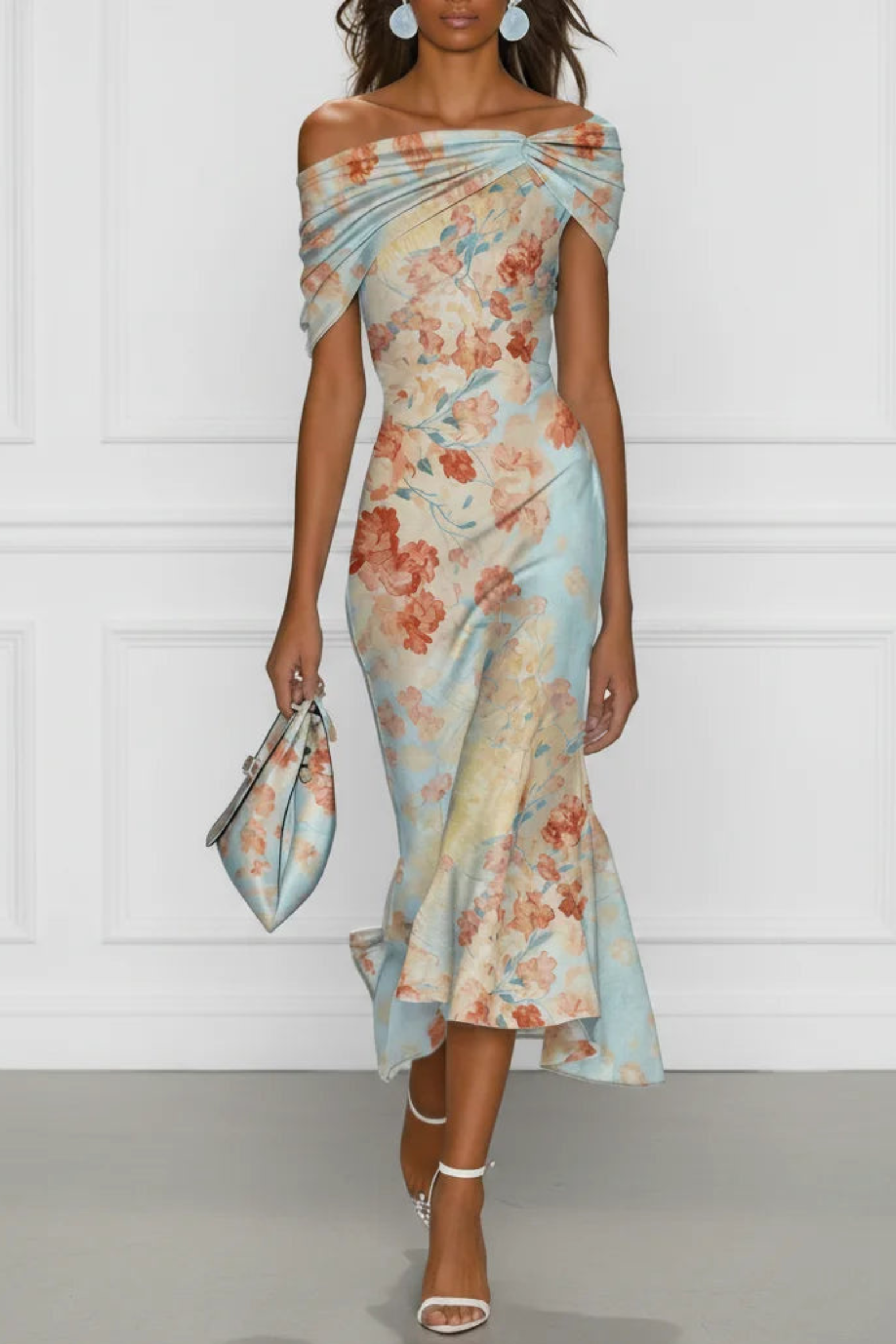 Women's Midi Dress Floral Off Shoulder Draped Neckline – Garden Party
