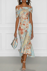 Women's Midi Dress Floral Off Shoulder Draped Neckline – Garden Party