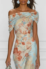 Women's Midi Dress Floral Off Shoulder Draped Neckline – Garden Party
