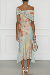 Women's Midi Dress Floral Off Shoulder Draped Neckline – Garden Party