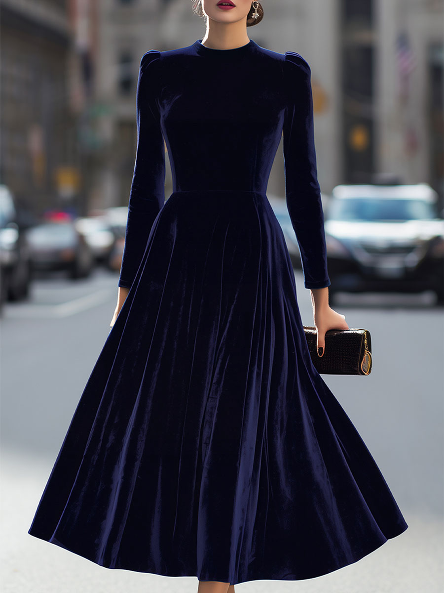 Women's Midi Dress High Neck Long Sleeve Puff Shoulder – Cocktail Party
