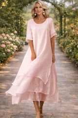 Women's Midi Dress Layered Hem Short Sleeve – Garden Party