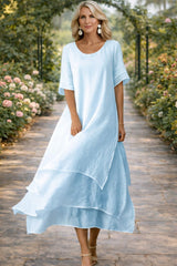 Women's Midi Dress Layered Hem Short Sleeve – Garden Party