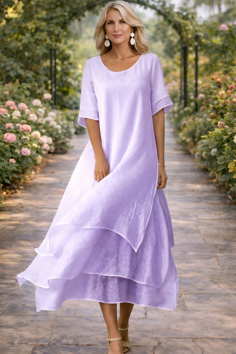 Women's Midi Dress Layered Hem Short Sleeve – Garden Party