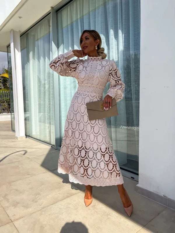Women's Midi Dress Long Sleeve High Neckline – Wedding Guest