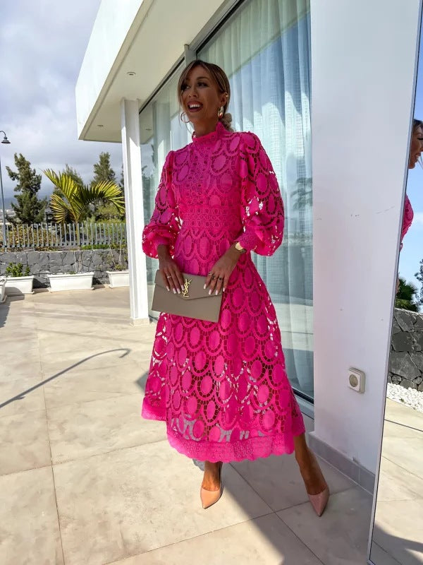 Women's Midi Dress Long Sleeve High Neckline – Wedding Guest