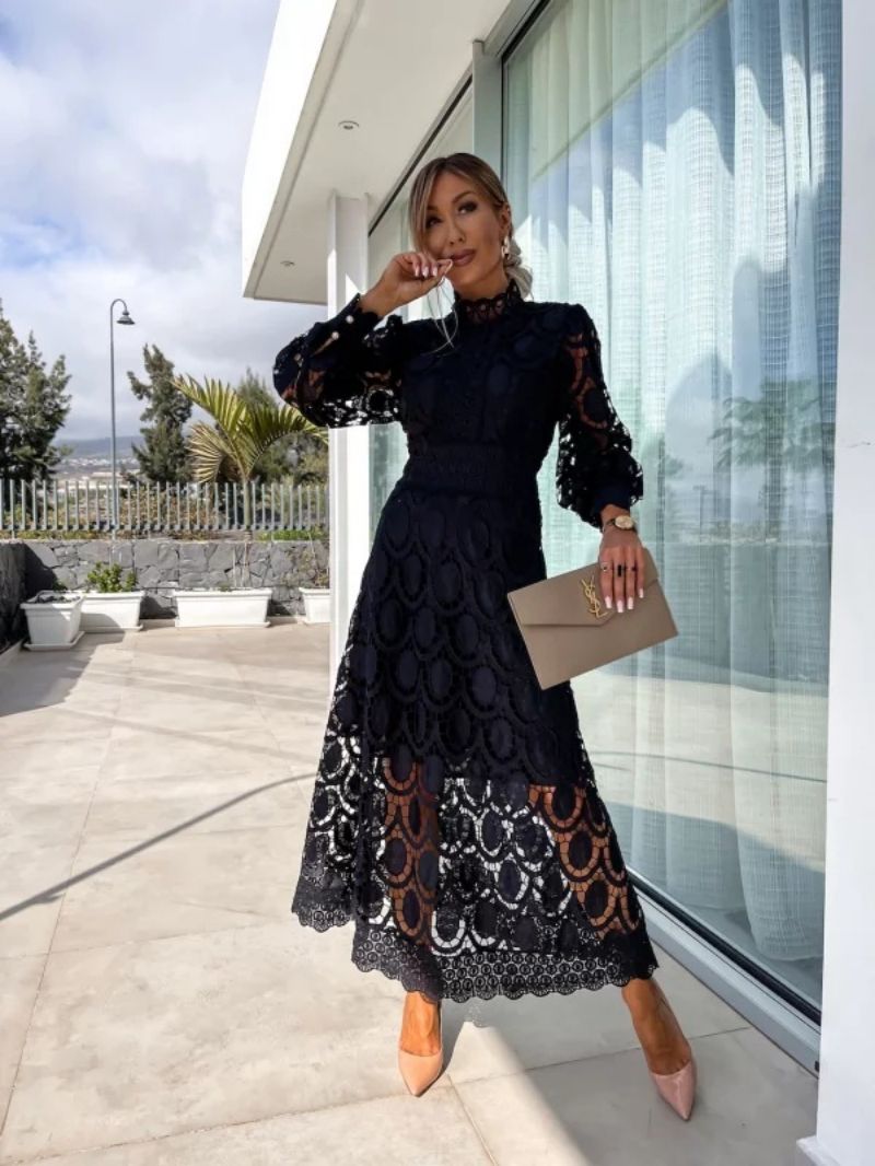 Women's Midi Dress Long Sleeve High Neckline – Wedding Guest