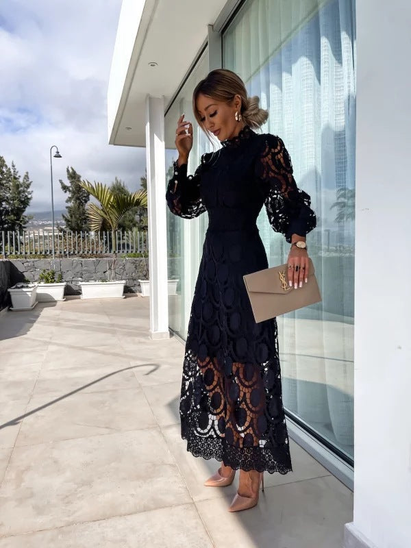 Women's Midi Dress Long Sleeve High Neckline – Wedding Guest